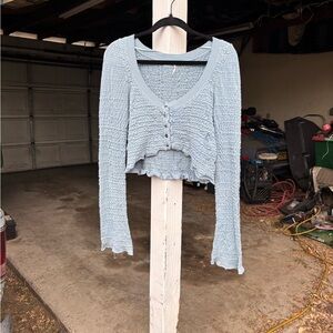Light Blue Textured Free People Long Sleeve Crop Top